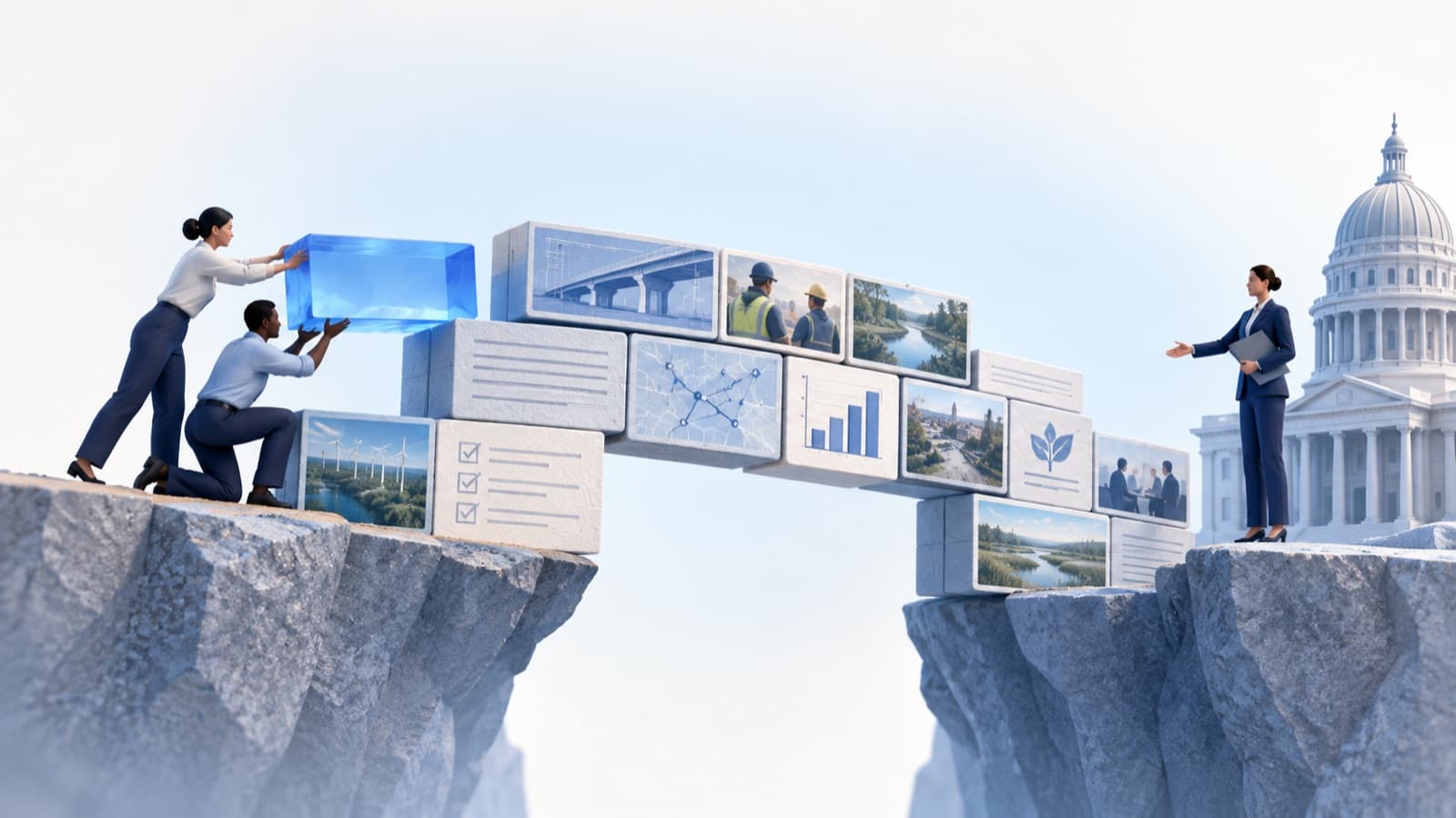 Project proof cards and delivery milestones bridging toward a public buyer.