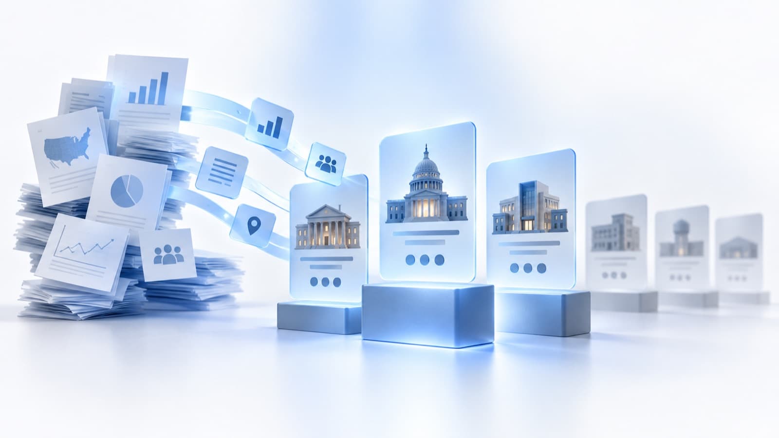 Public records flowing into a ranked set of public-sector account cards.