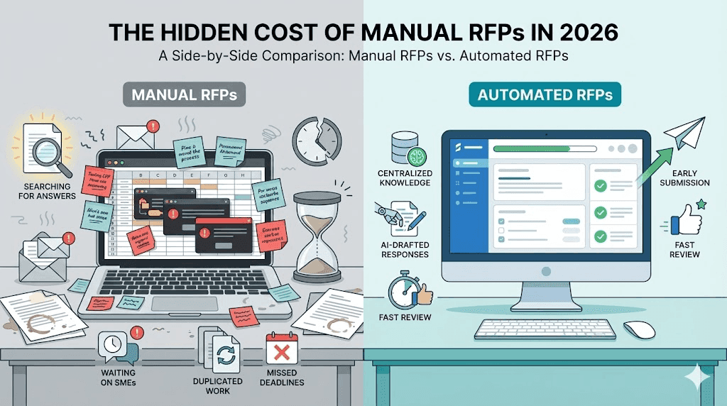Side-by-side illustration comparing manual RFP workflows with automated RFP software.