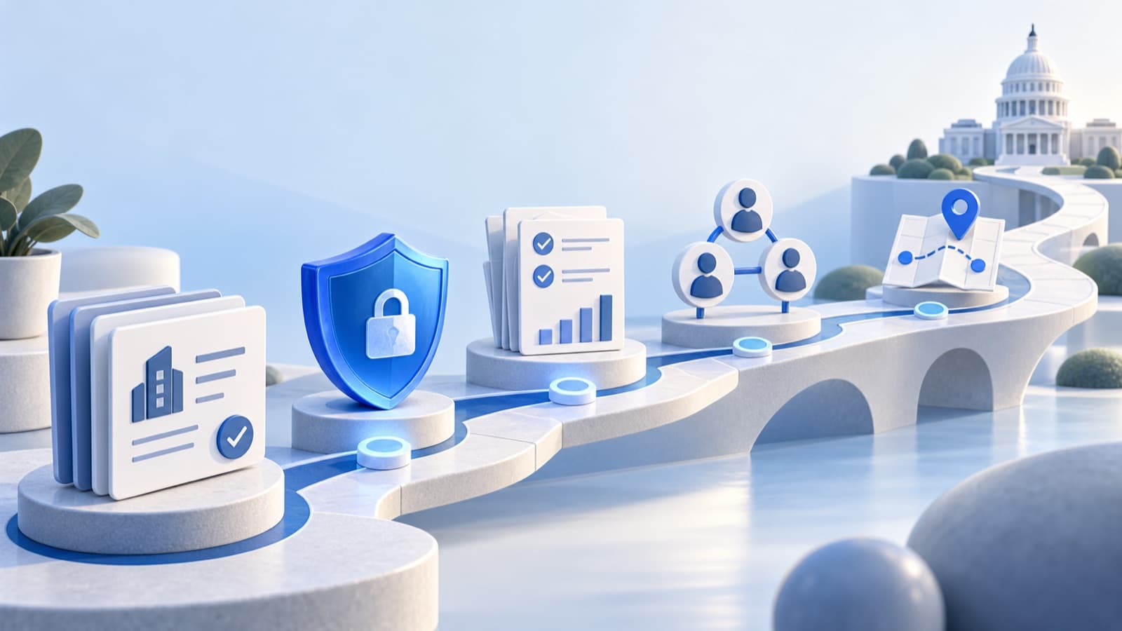 A security shield alongside account, buyer, and opportunity planning cards.