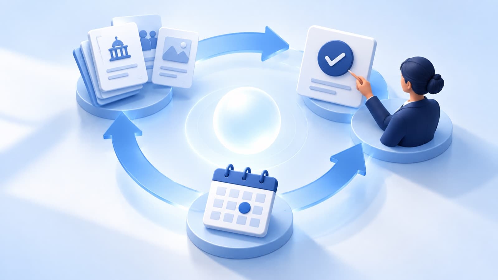 A continuous cycle connecting source evidence, a reviewed decision, an owner, and the next action.