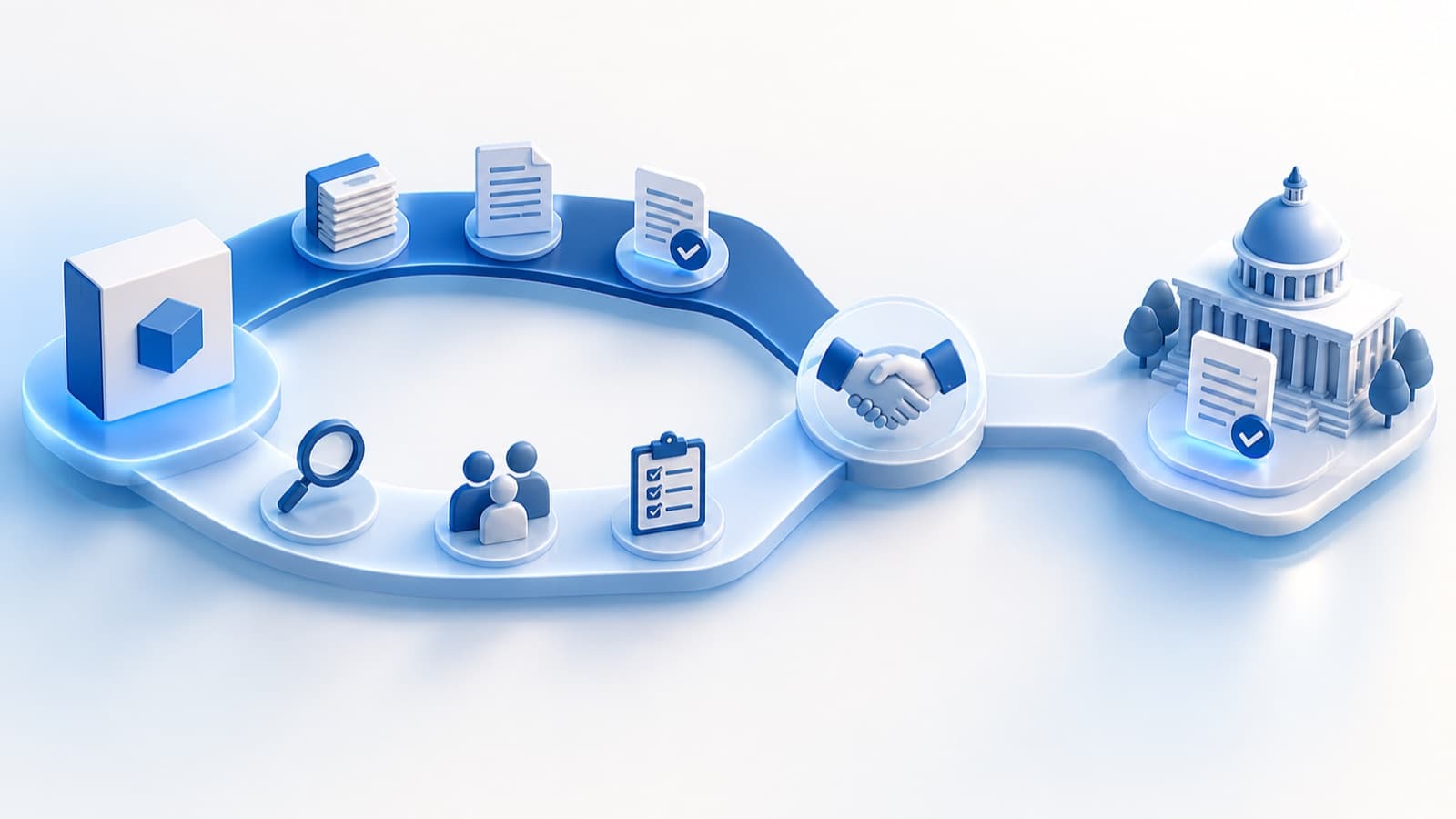 Separate contract and market-work lanes meeting at a clear handoff point.