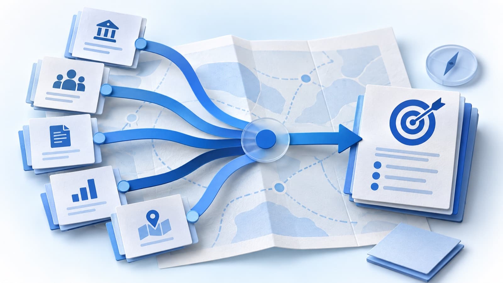 Layered source cards and a route map converging on a focused account plan.