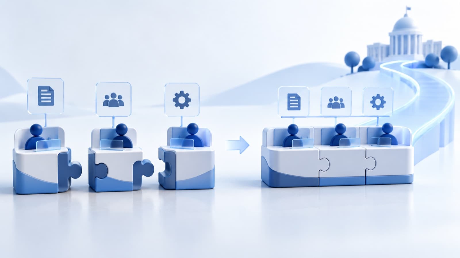 Modular public-sector team pieces joining into one connected operating unit.