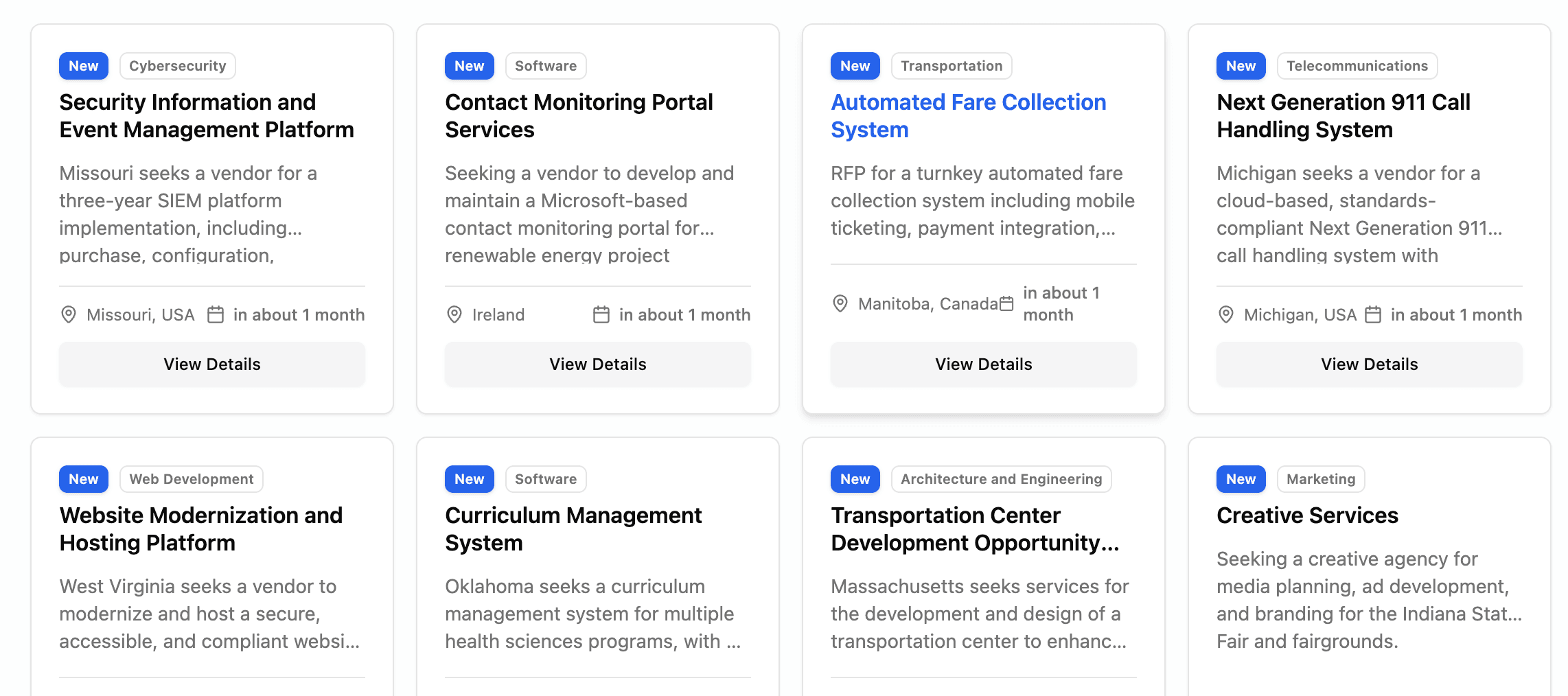 Settle RFP Hunter dashboard displaying a curated feed of active, AI-matched RFP opportunities.